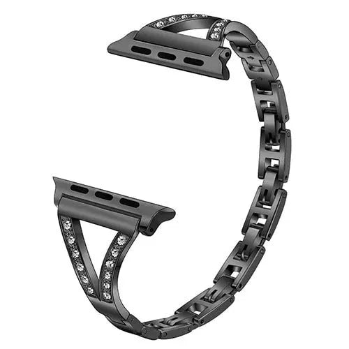 Diamond-studded stainless steel watch strap in gold colour with adjustable buckle
