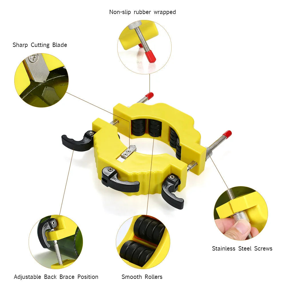 Yellow bottle cutter tool for cutting glass bottles, showing adjustable mechanism and stainless steel blade.