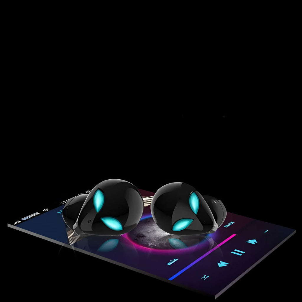 Creative Outer T8 Starman alien design true wireless Bluetooth earbuds with LED lights in charging case.