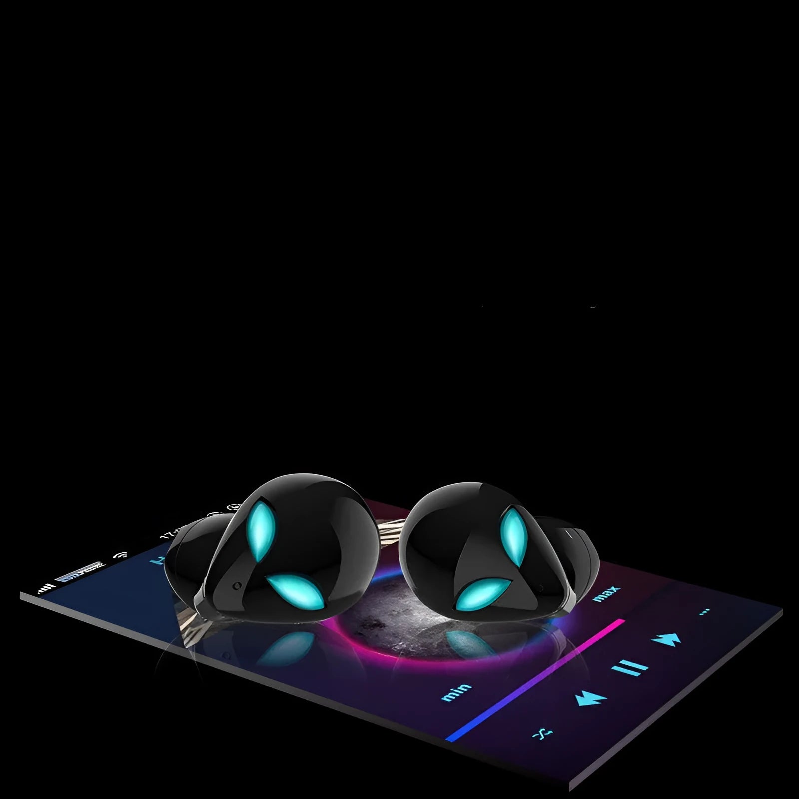 Creative Outer T8 Starman alien design true wireless Bluetooth earbuds with LED lights in charging case.