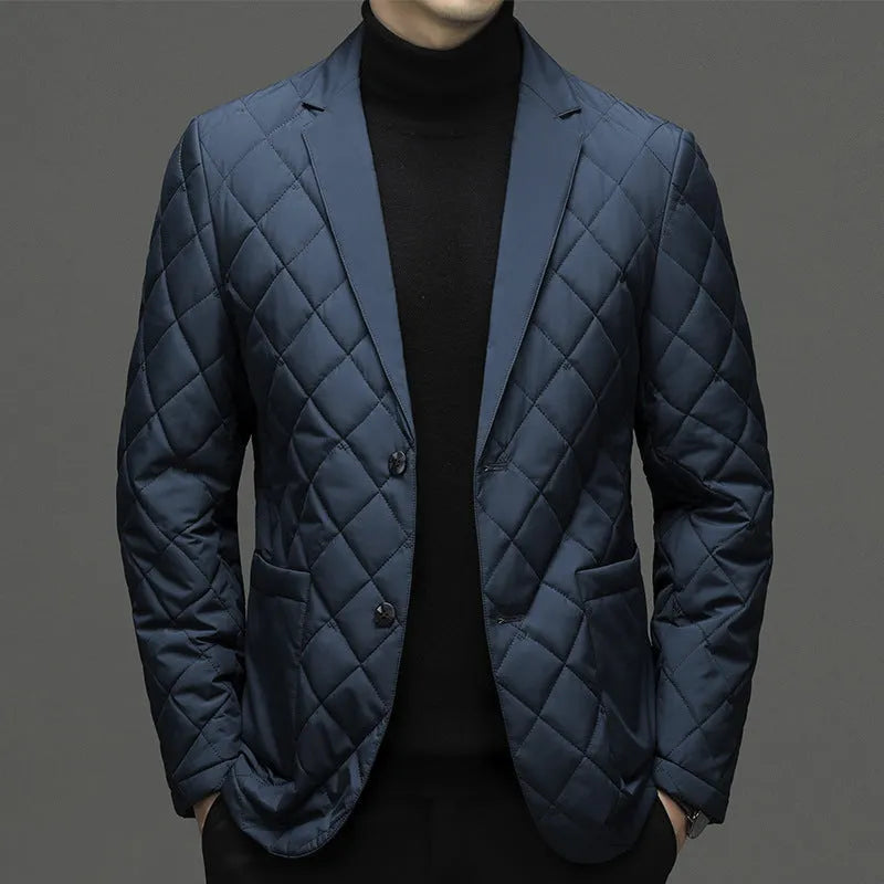 Men's black lapel-style down jacket with side seam pockets on a solid colour background.