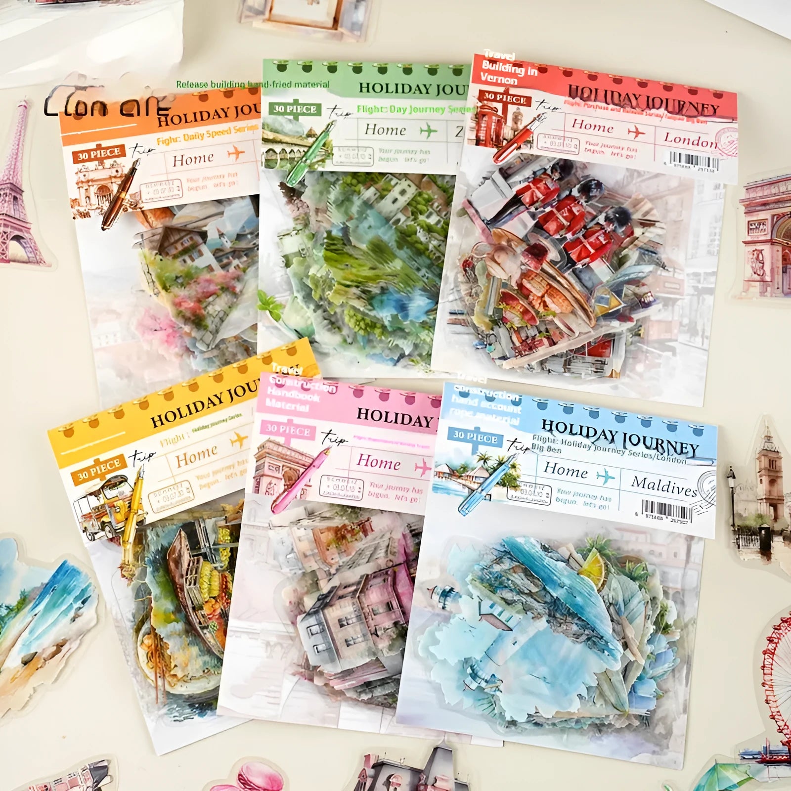 Holiday Journey Series retro architecture journal stickers showing designs of Big Ben, Arc de Triomphe, and other landmarks.