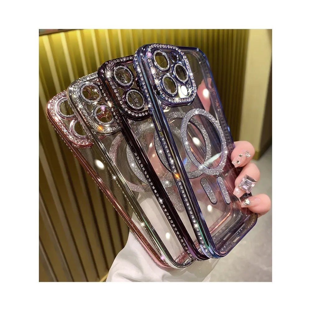 Wireless magnetic silicone iPhone case in deep purple, showing electroplating accents and full device coverage.