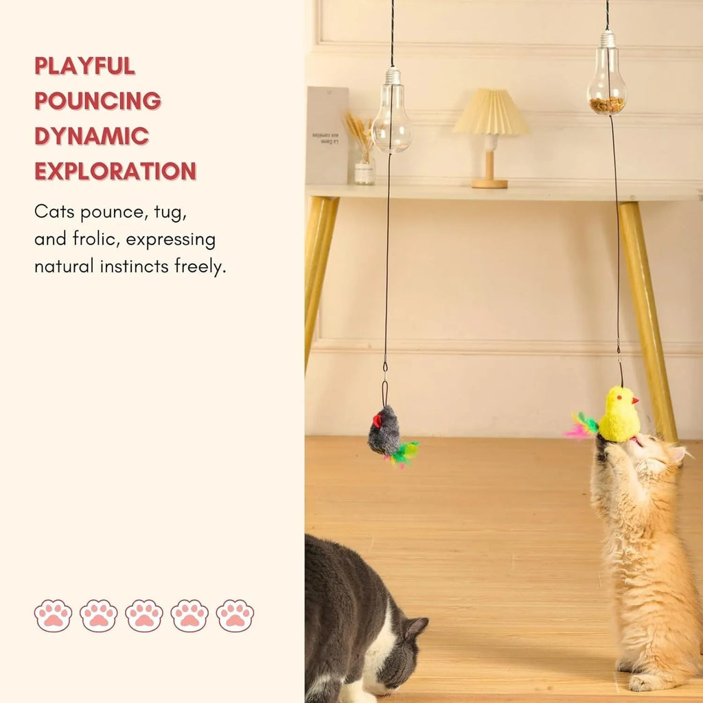 Interactive hanging cat toy with swinging mouse and chicken attachments, treat bulb, and retractable elastic rope