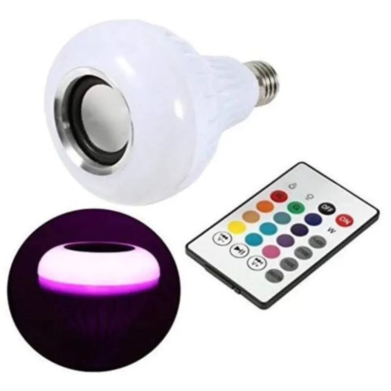 White E27 Bluetooth speaker light bulb with remote control showing 16 colour RGB lighting options