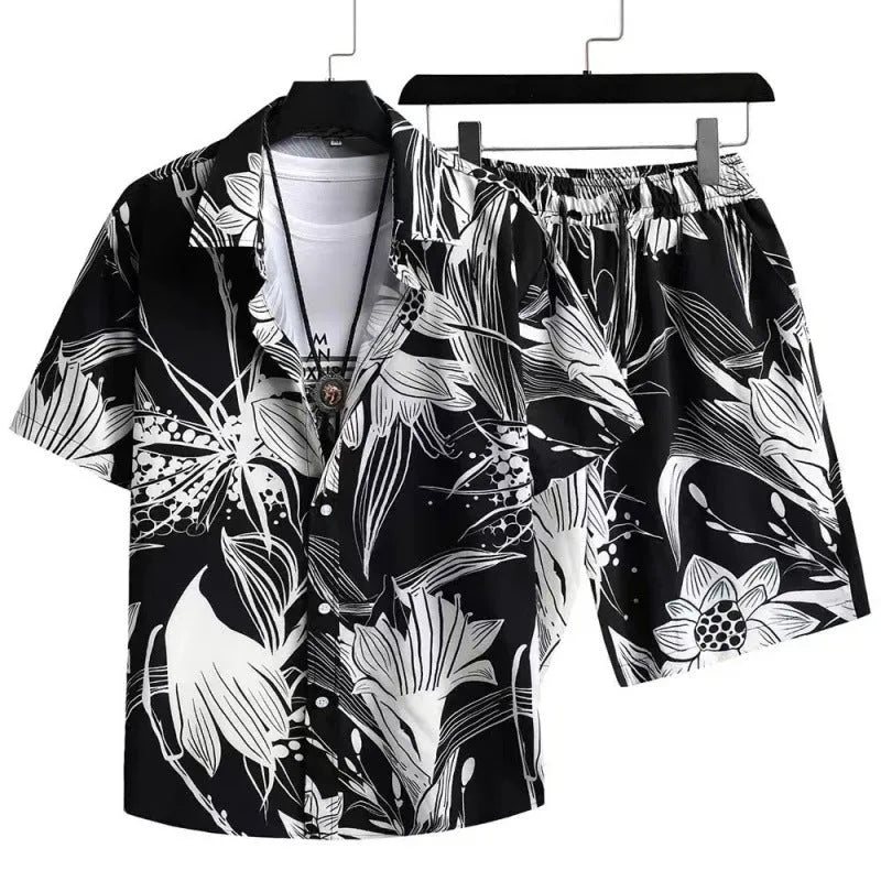 Men's casual suit set with short sleeve cardigan and matching printed shorts in polyester fabric