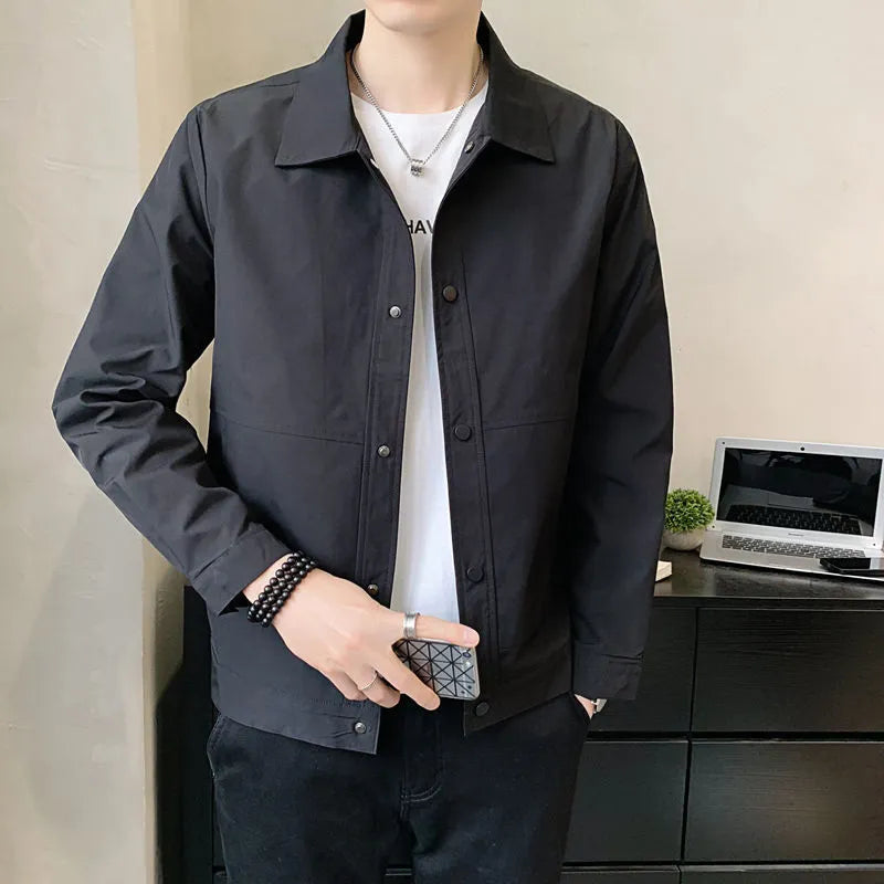 Men's single-layer Korean style jacket in black, blue gray, green gray, and light gray with long sleeves