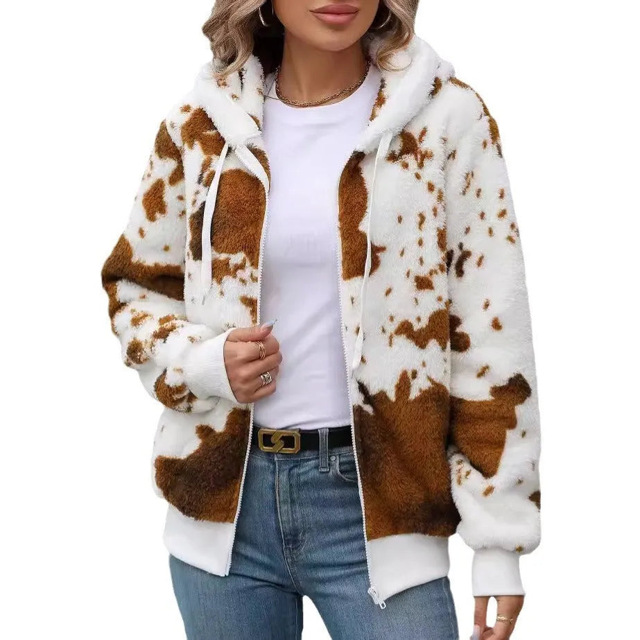 Yellow brown cow animal print hooded cardigan jacket with zipper front and regular sleeves