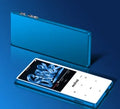 Silver portable MP3 player with a large 2.4-inch touchscreen displaying a music interface.
