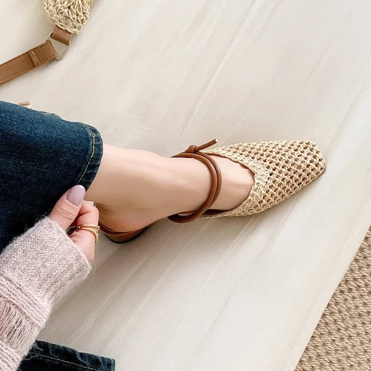 Women's French style square toe outdoor slippers with hollow-out breathable design and chunky heel