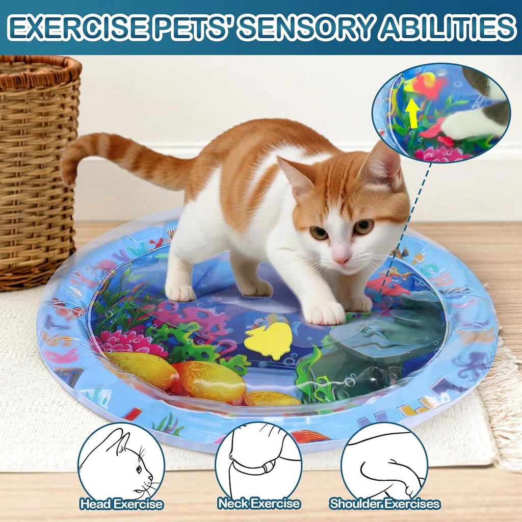 100cm square blue ocean theme water playmat for cats with floating fish toys on PVC surface