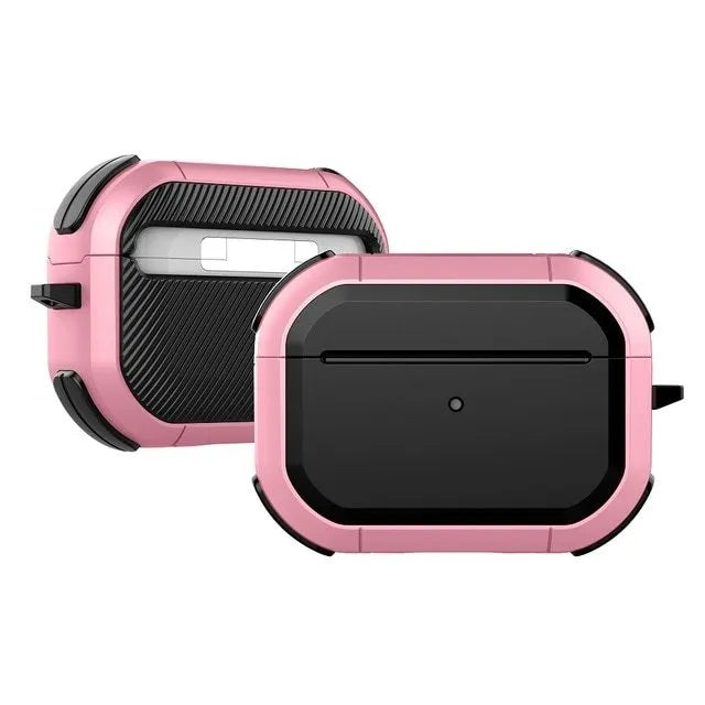 Black TPU and PC protective shell case for Apple AirPods 1, 2 and Pro models on a white background.