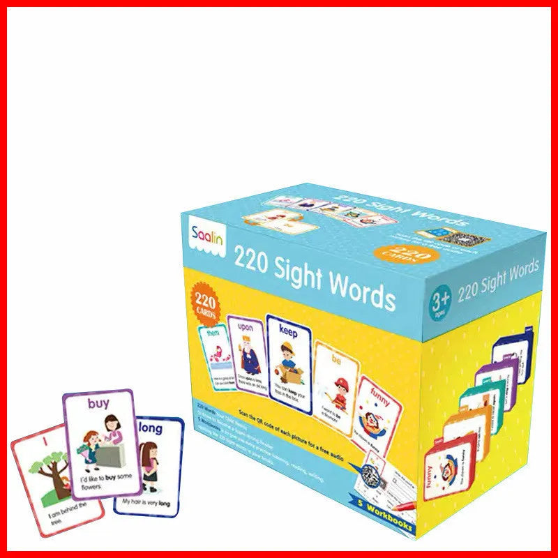 Early childhood education set showing 220 high frequency word cards and 5 interactive workbooks