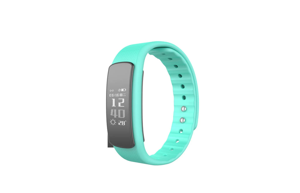 I6 smart sports bracelet in black or green on a wrist, showing its 0.96-inch colour touch screen.