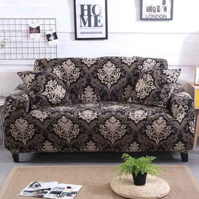 Printed geometric pattern sofa slipcover on modern sofa in super stretchable polyester spandex fabric