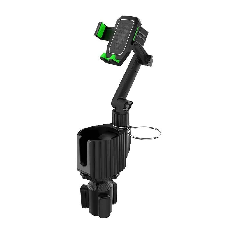 Green universal car drink holder and mobile phone mount with adjustable clamp.