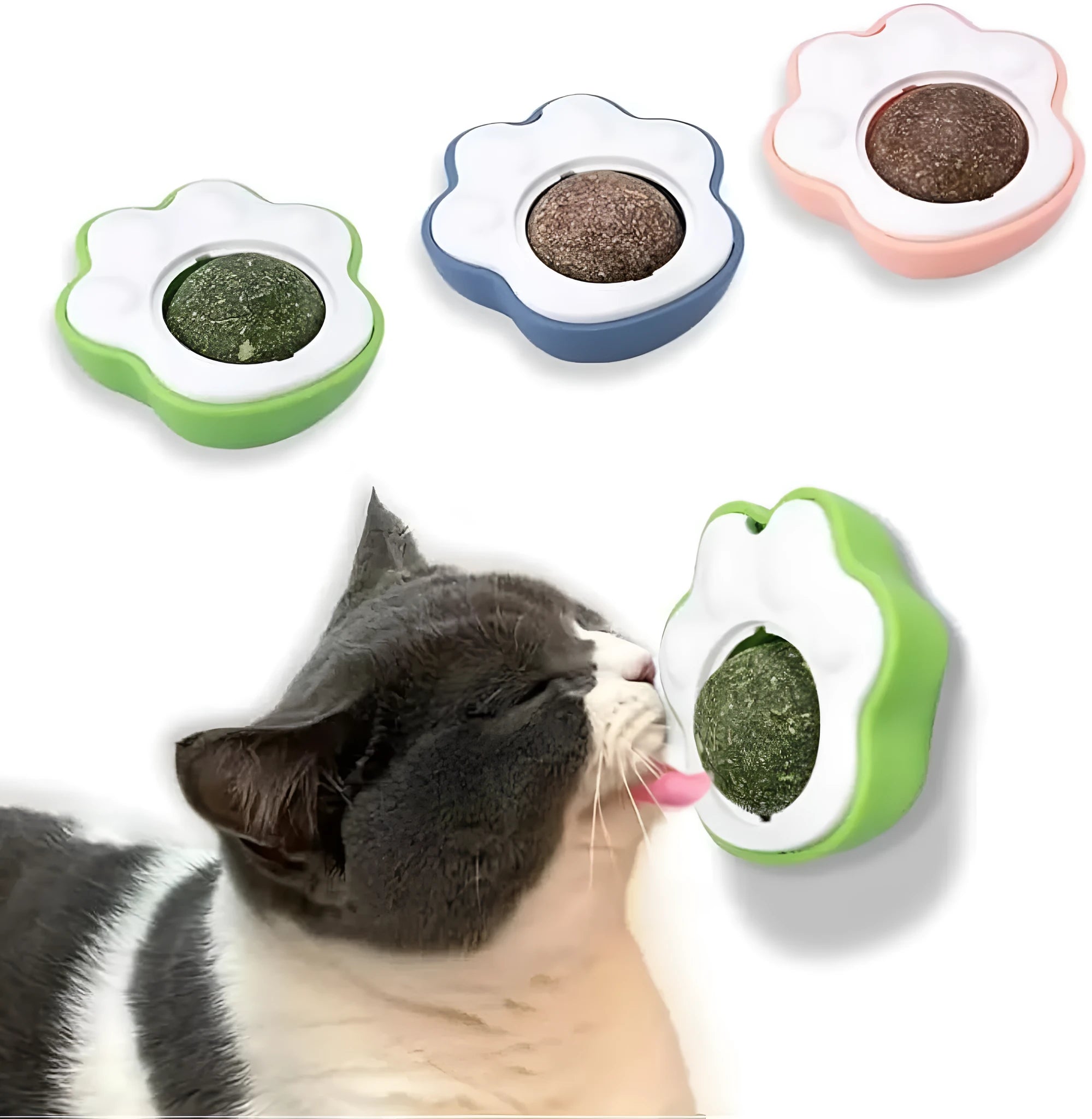 Blue, green, and pink catnip balls for feline dental chew toys measuring 45mm