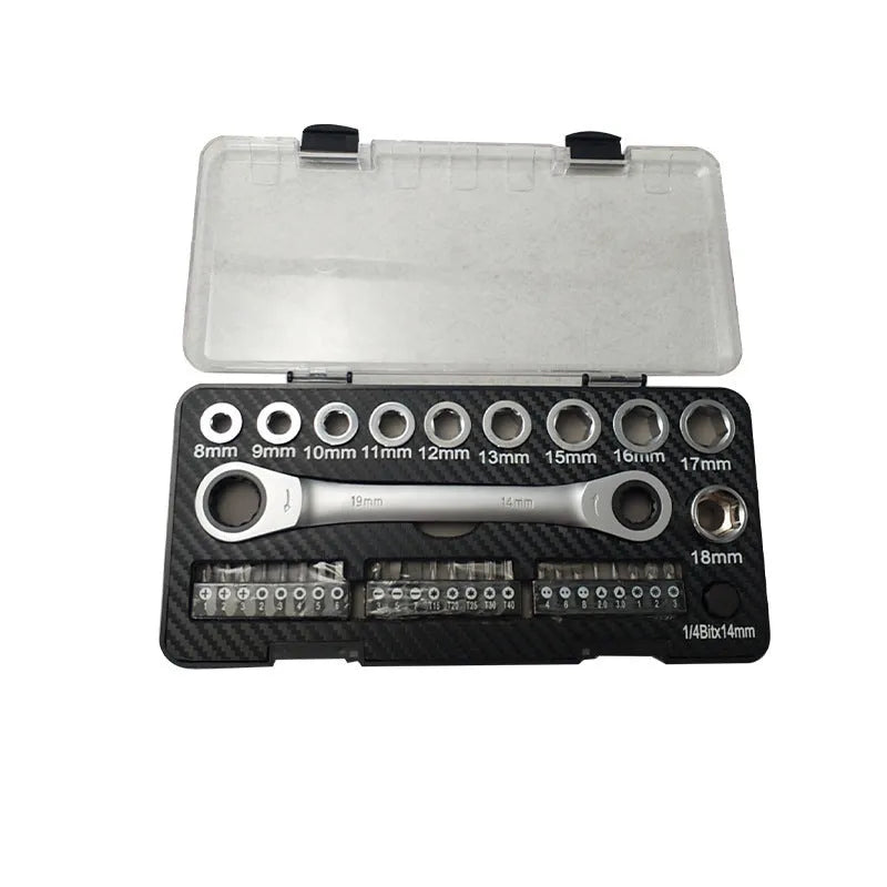 Dual-purpose ratchet wrench set with two-way switch, ten sockets, and three screwdriver bits laid out on a workbench.