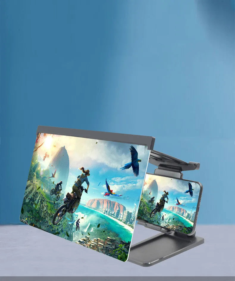 Black 12-inch curved mobile phone screen amplifier with separate folding phone holder on desktop