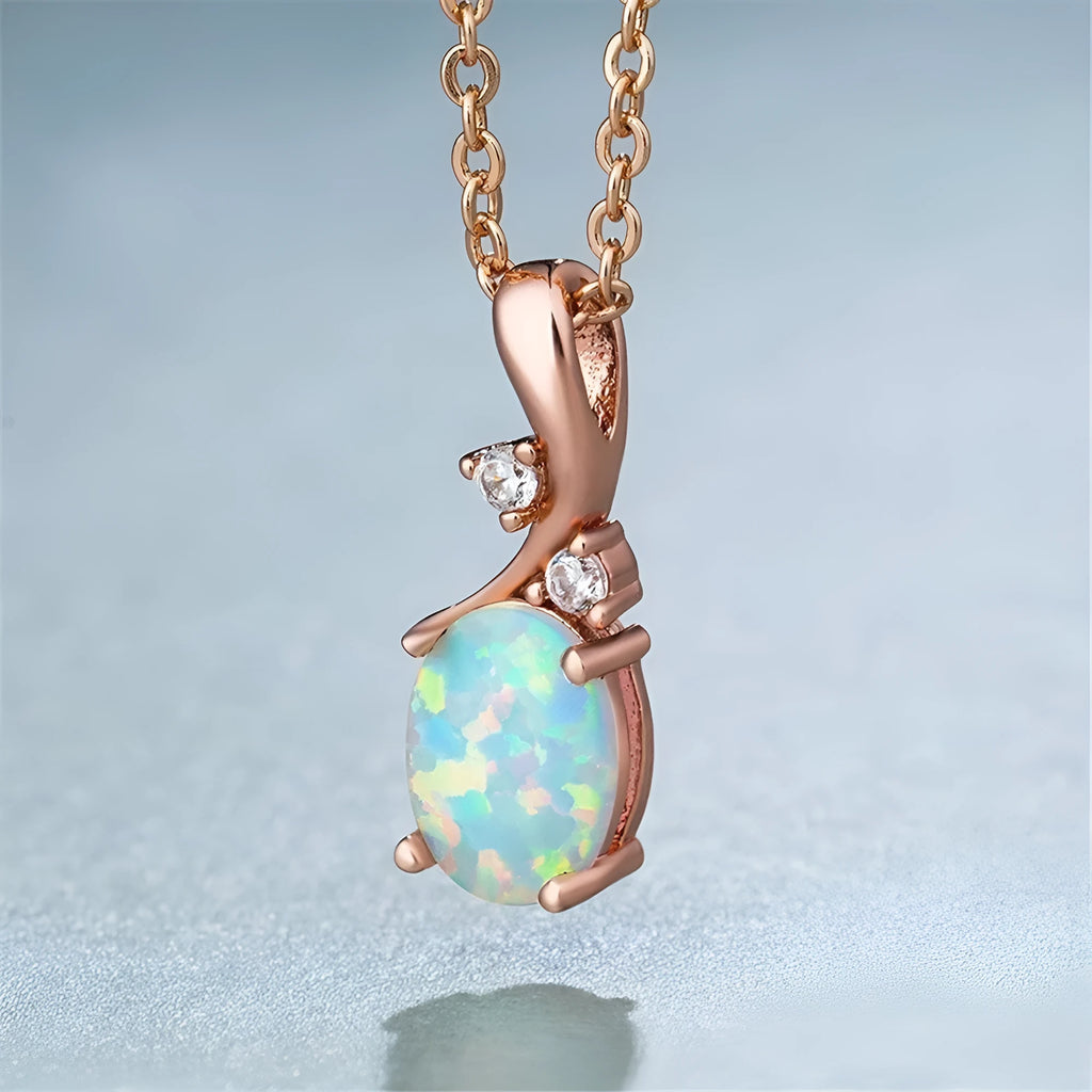 Water drop shaped opal pendant necklace with adjustable alloy chain in white or rose gold finish