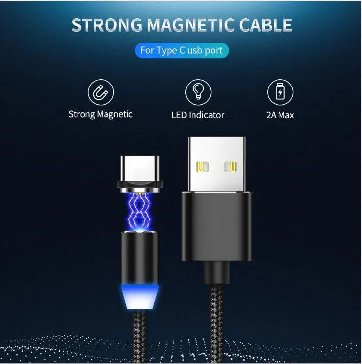YBD black magnetic USB charging cable with LED light, shown with Lightning, Micro-USB, and Type-C connectors.