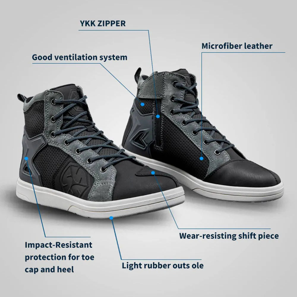 Black motorcycle riding boots 18cm high with ankle protection, waterproof, non-slip rubber sole, reflective, sizes 39-46.