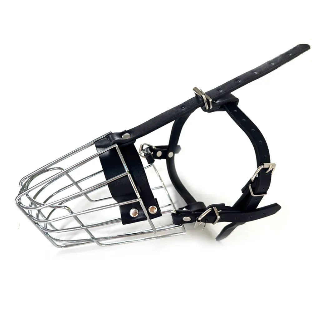 Black metal basket muzzle designed for a Golden Retriever or German Shepherd dog.