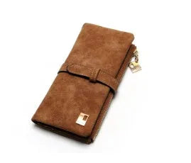 Women's retro matte PU leather long wallet with zipper closure showing interior compartments