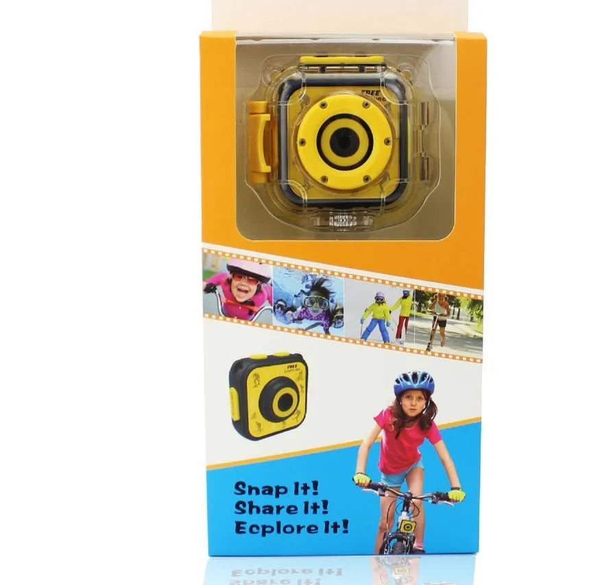 Yellow children's waterproof sports camera showing 1.77-inch screen and compact 60mm size