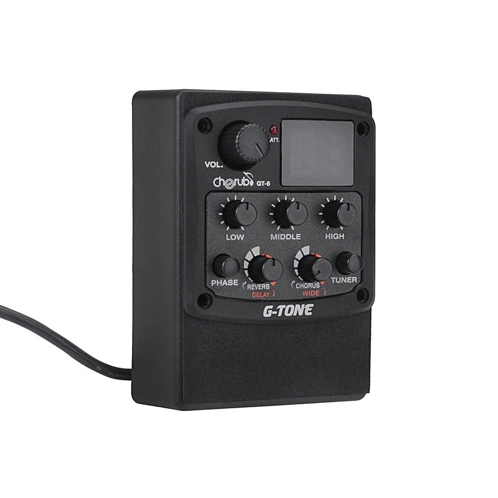 Black Cherub GT-6 acoustic guitar preamp with EQ and effects knobs for soundhole mounting.