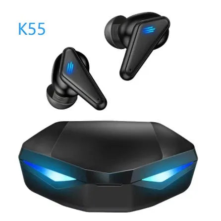 Private Model K55 blue wireless Bluetooth gaming headset earbuds with low latency and battery display features