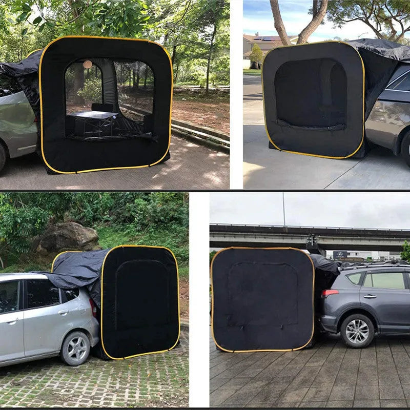Black pop-up car tail tent with unfolded dimensions of 200cm cubed and waterproof Oxford cloth construction