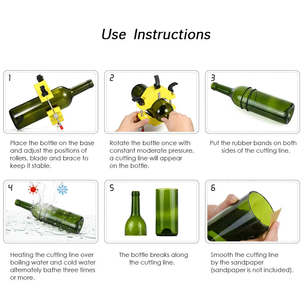 Yellow bottle cutter tool for cutting glass bottles, showing adjustable mechanism and stainless steel blade.