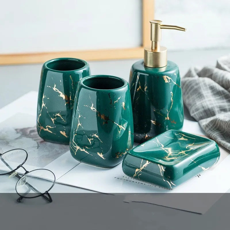 Ceramic bathroom wash set in black, blue, or white with a smooth porcelain finish and light luxury decal styling.
