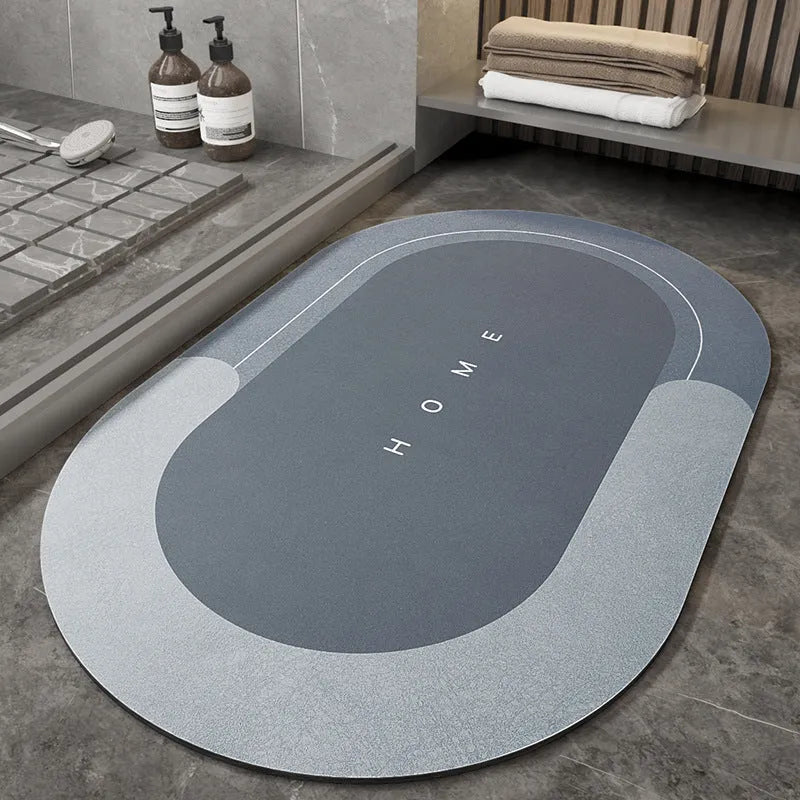 Blended fabric bathroom floor mat in blue colour, rectangular shape, on a tiled floor.