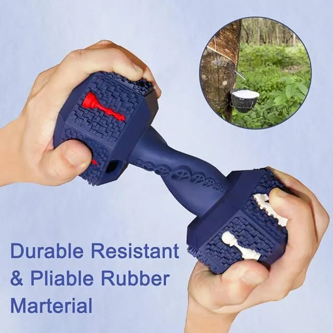 Blue durable rubber dog chew toy shaped like a dumbbell with textured surface.