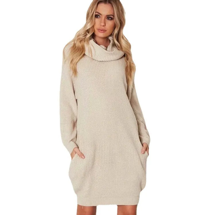 Women's light apricot lapel collar sweater with side pockets, loose slimming mid-length fit.