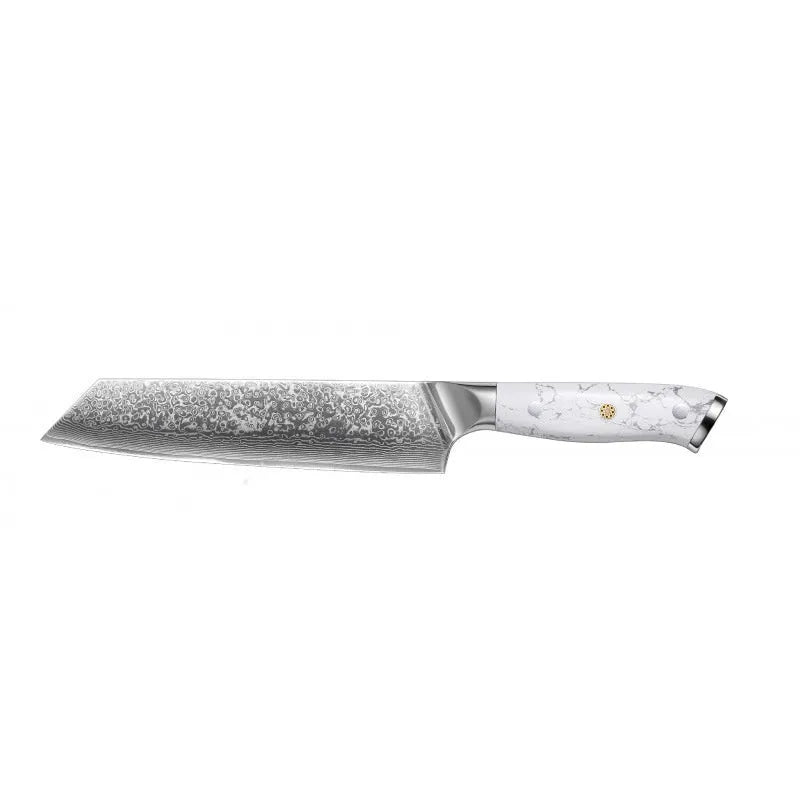 Damascus pattern chef's knife with a 21cm VG10 steel blade on a dark background.
