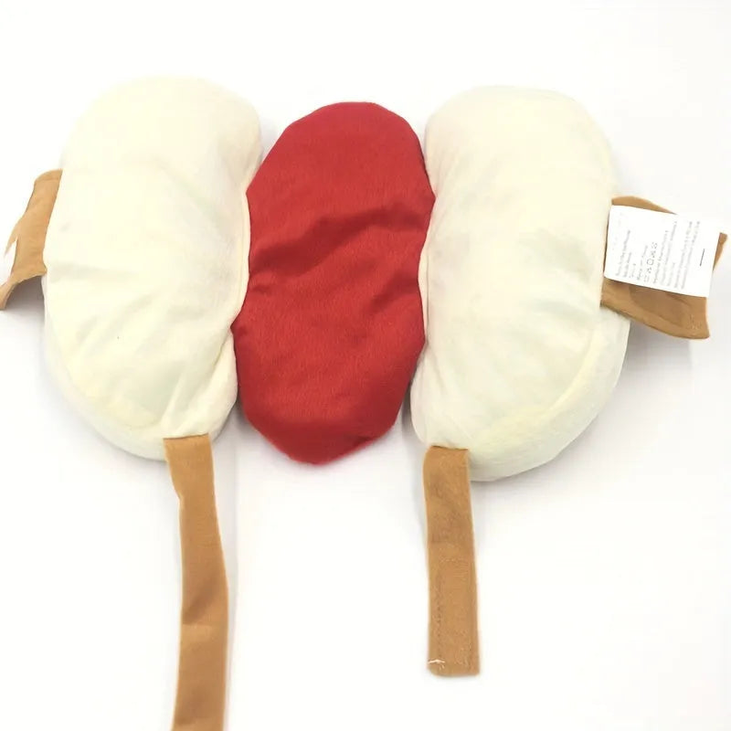 Small dog wearing a brown and yellow stuffed hot dog costume coat with S M L sizing options