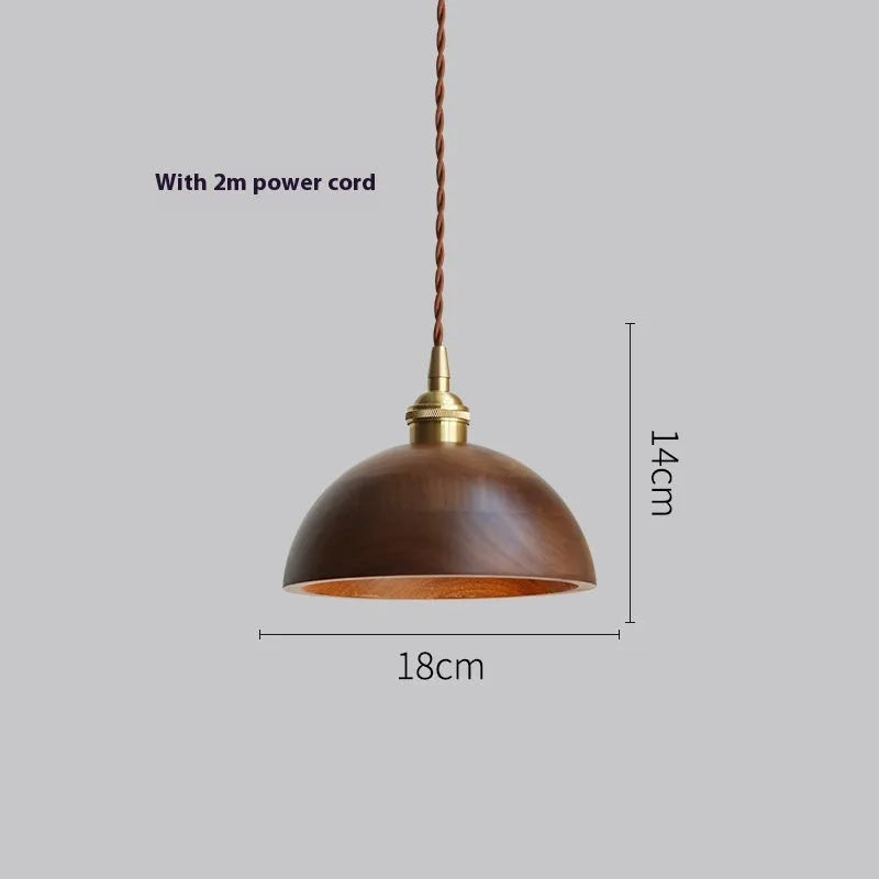 Close-up of a single-head droplight chandelier made from walnut wood art and copper, shown in one of four available colour styles.