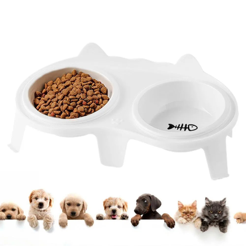 Ceramic cat food and water bowl set on elevated tilted stand with hook design