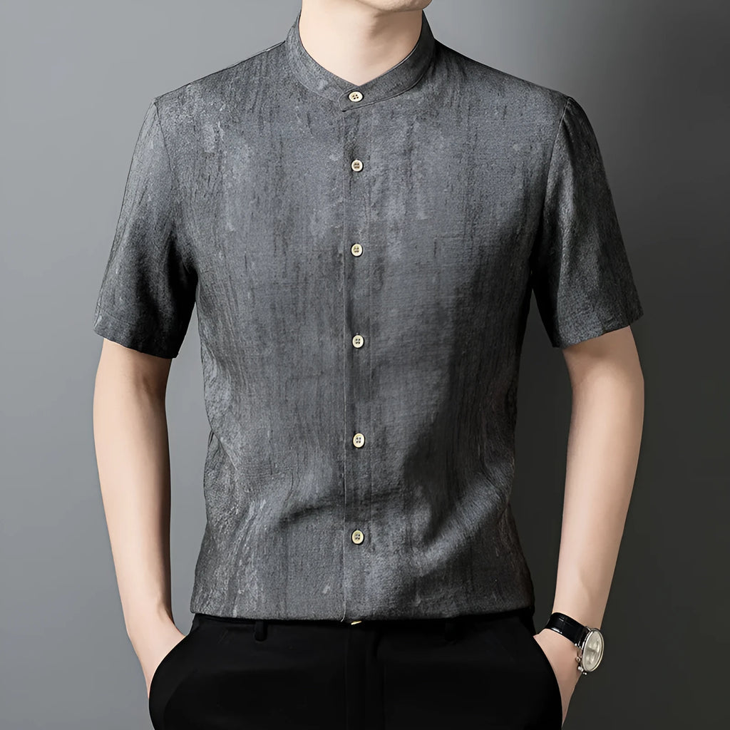 Men's loose fit linen shirt with stand collar in black grey colour