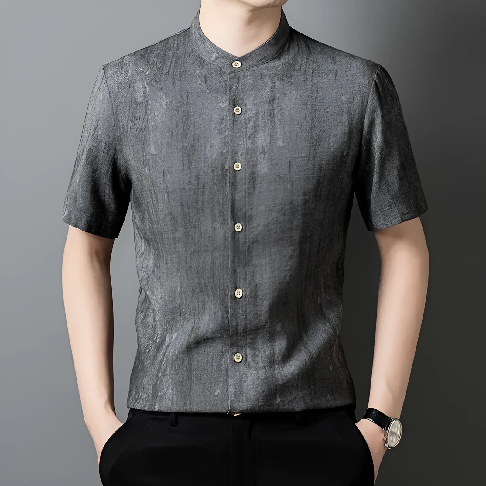 Men's loose fit linen shirt with stand collar in black grey colour