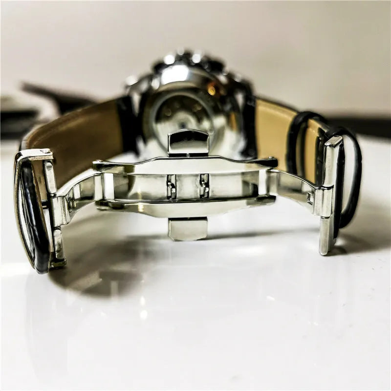 Men's stainless steel automatic mechanical watch showing 12mm thickness and available colour combinations