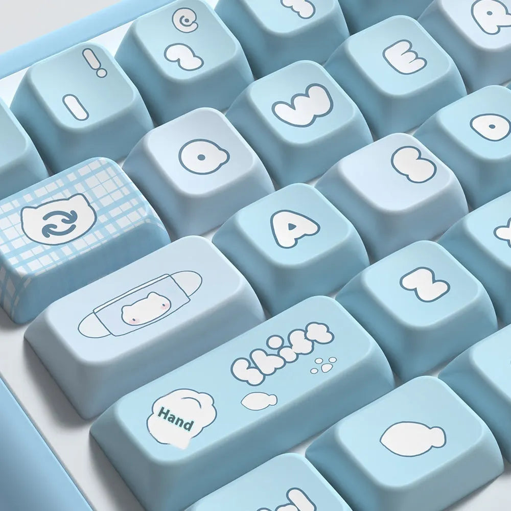 Custom watercolour cat design mechanical keyboard keycap set in PTB material, showing colourful artwork.
