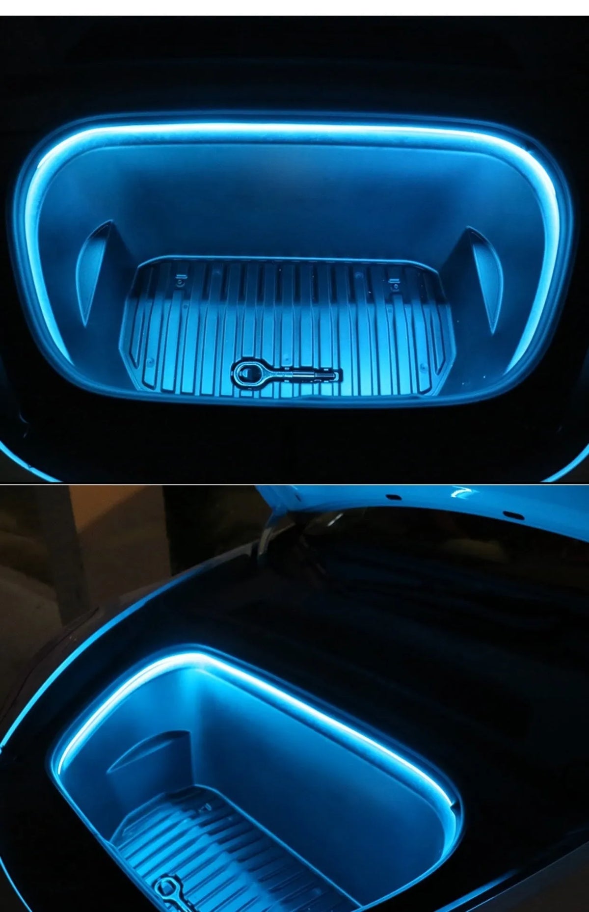 Tesla Model 3 and Y front centre console LED ambience light kit in soft silicone with ice blue, pure white, and warm white colour options.