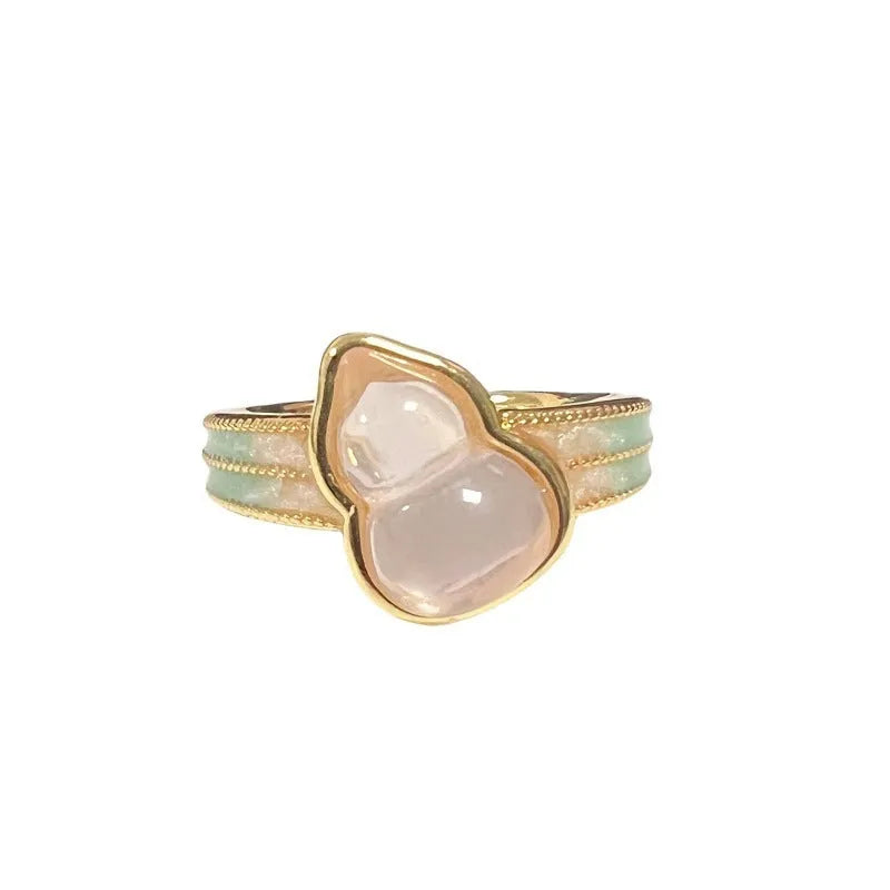 Adjustable copper gourd ring with inlaid zircon stones in a vintage oil dripping finish.