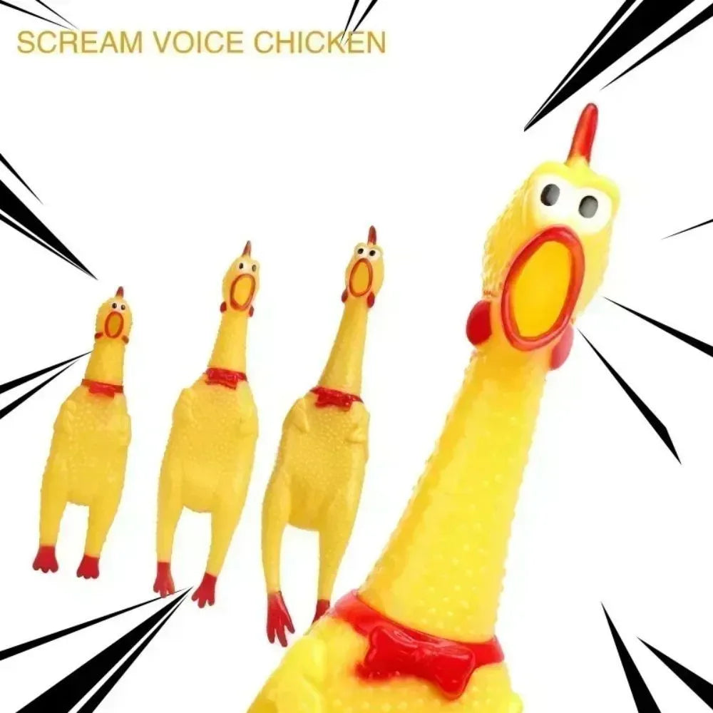 Yellow rubber screaming chicken dog squeak toy shown in three sizes: small, medium, and large