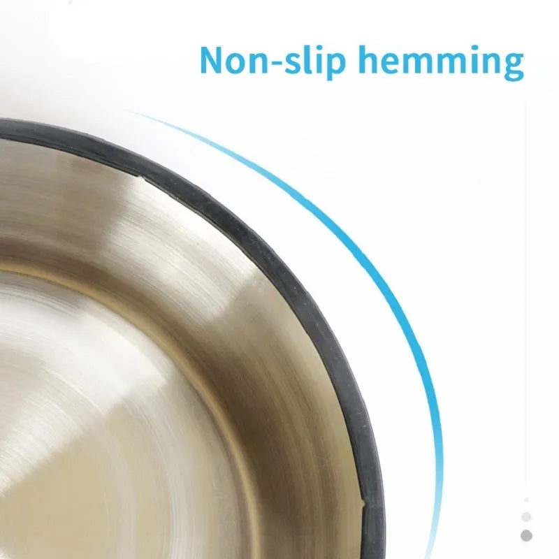 Stainless steel pet bowl inside a colourful melamine bowl, showing non-slip rubber base, in orange colour.