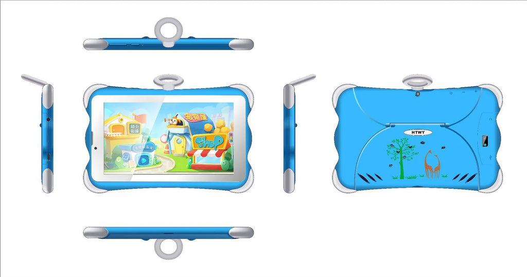 Cartoon-coloured 7-inch children's learning tablet with integrated stand shown in use.